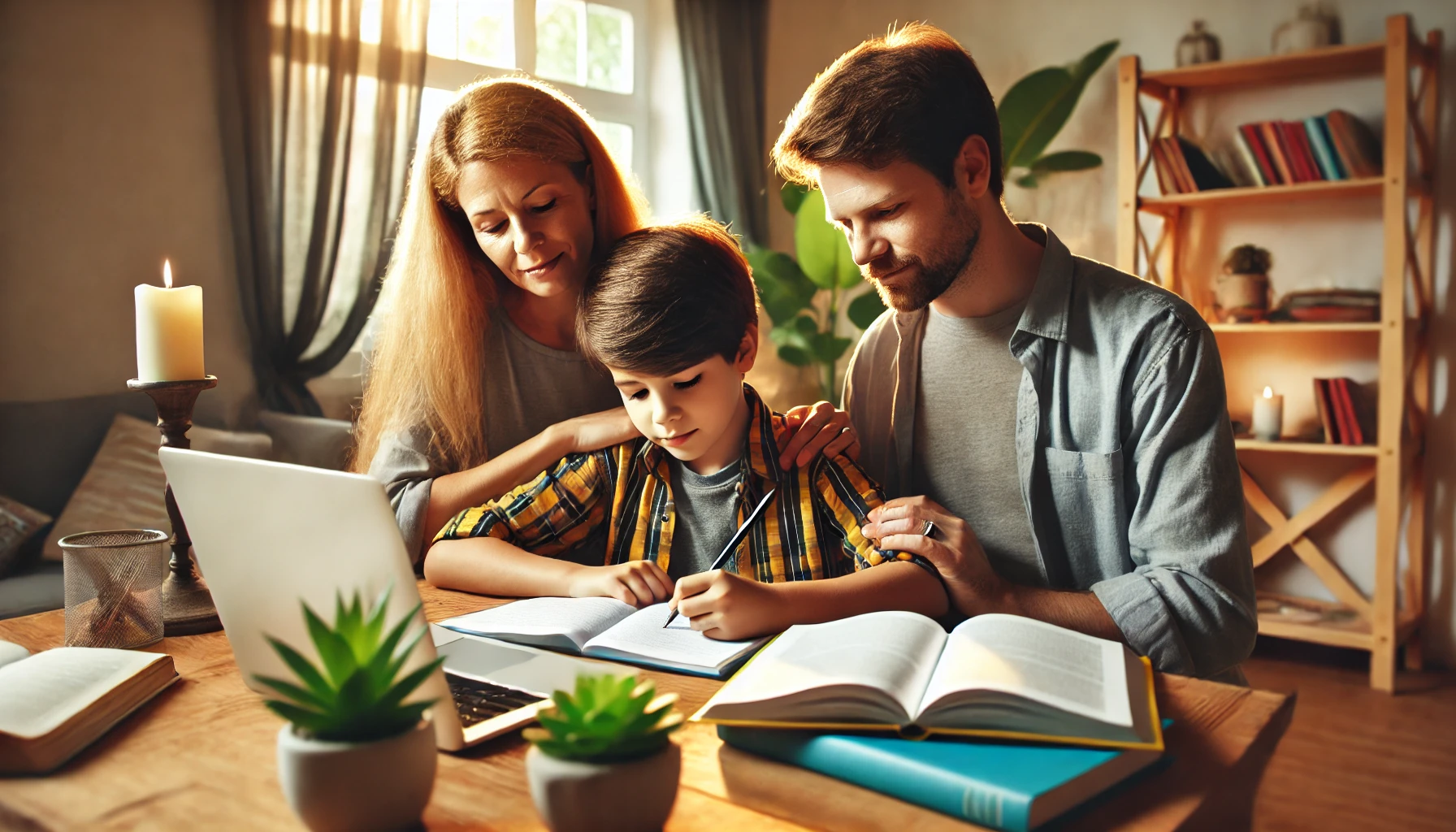 Parents helping their child with homework at home, sitting together at a table with books and a laptop, in a warm and supportive environment