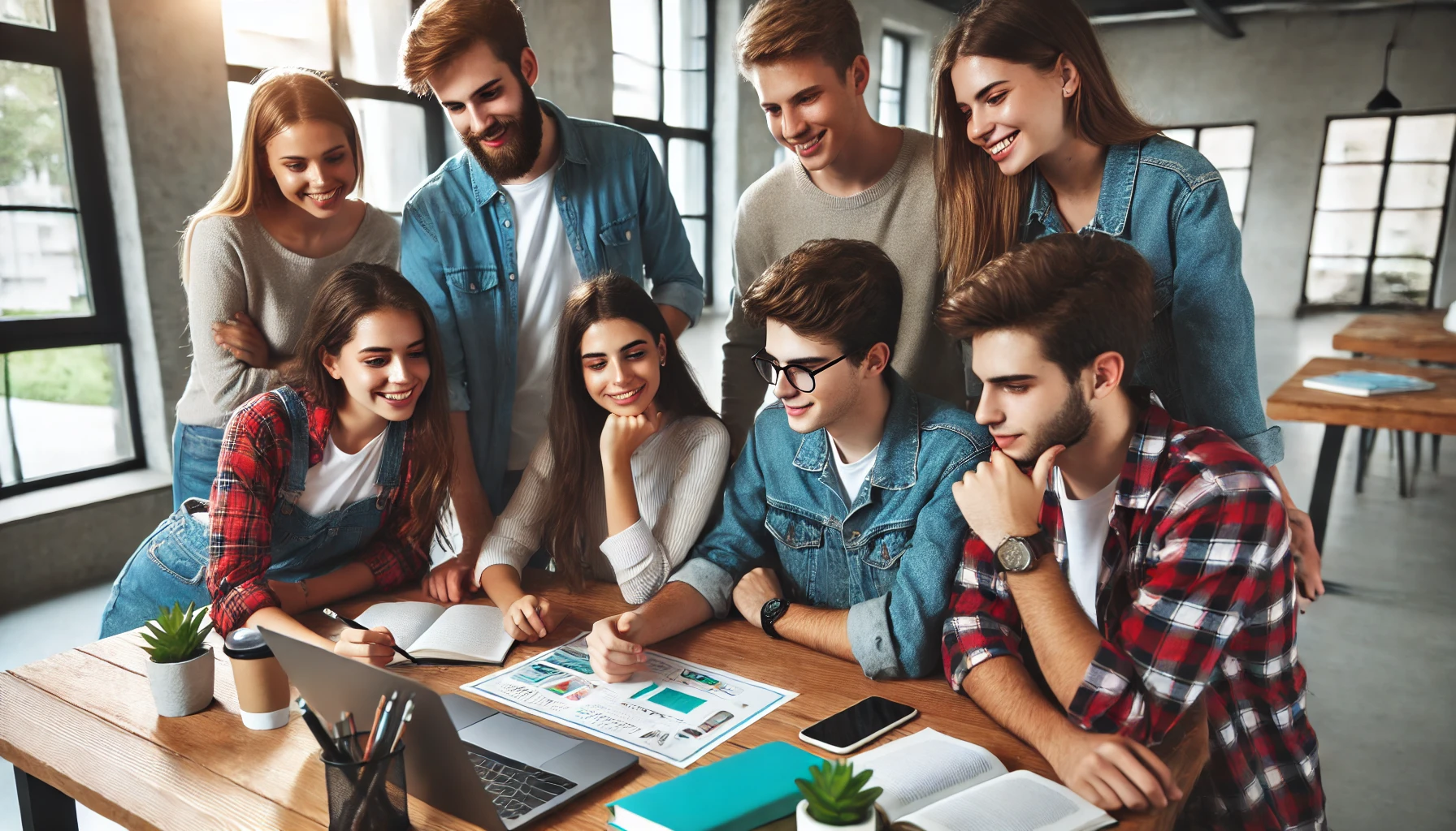 A group of students collaborating on a group project, discussing and working together, with a positive and energetic atmosphere