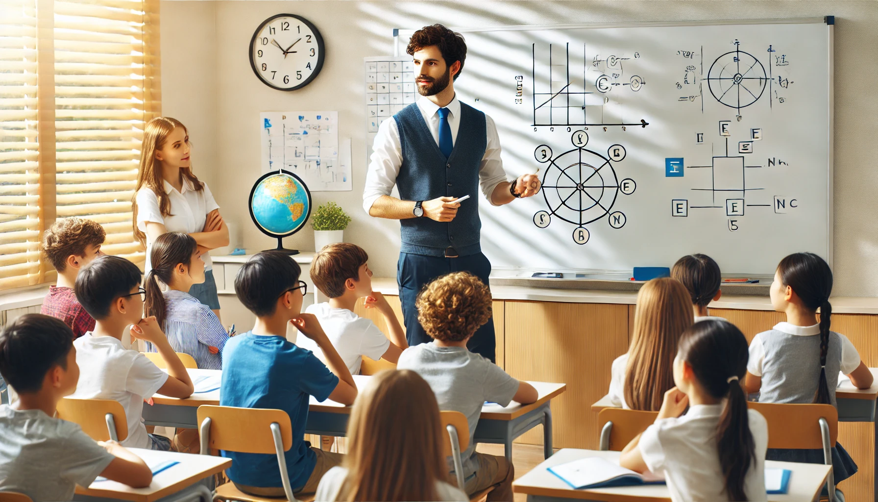 A teacher standing in front of a classroom, explaining a concept on a whiteboard, with attentive students watching and taking notes